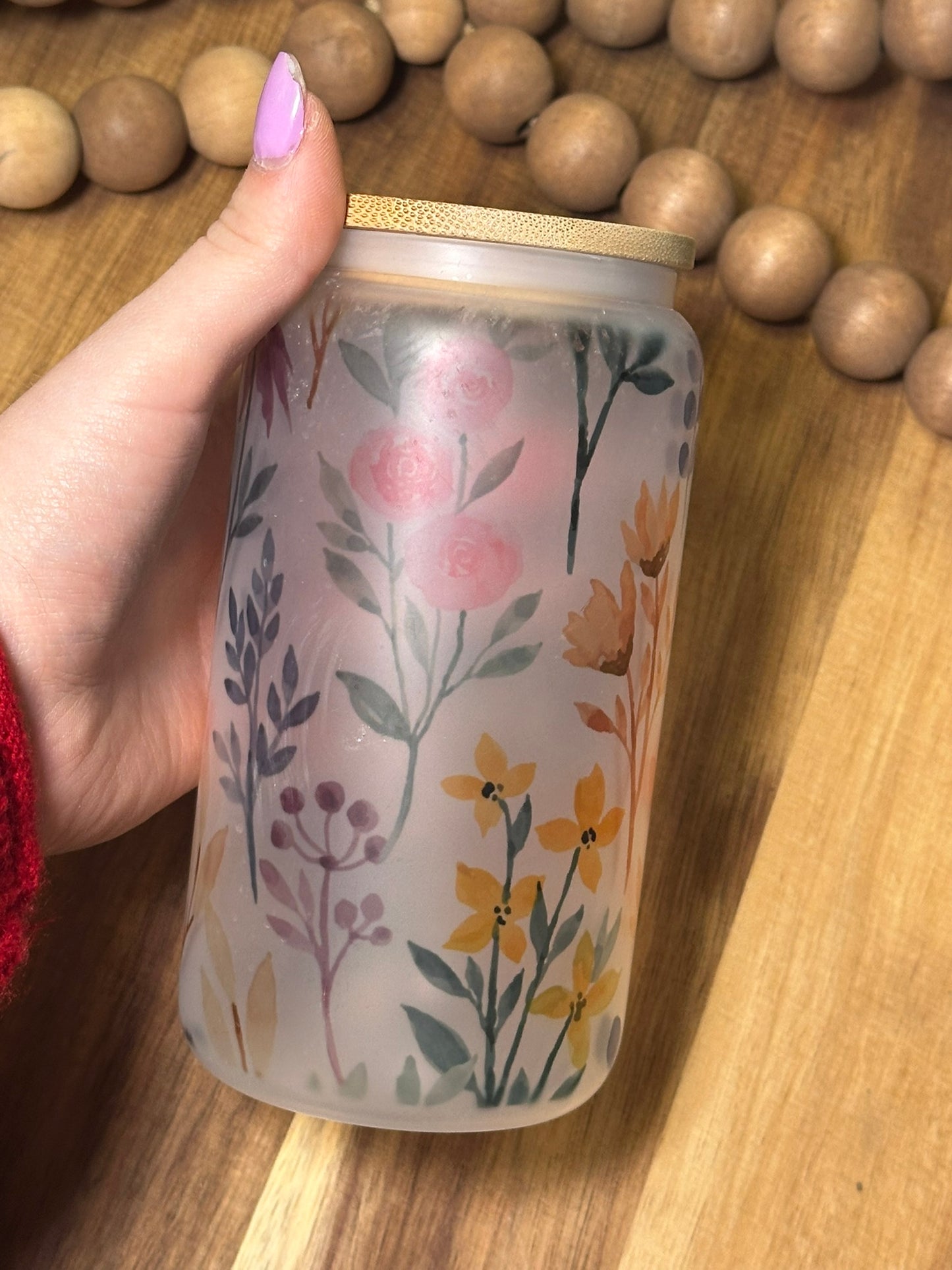 16oz Pastel Floral Frosted Glass Cup