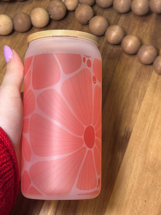 16oz Pink Floral Frosted Glass Cup