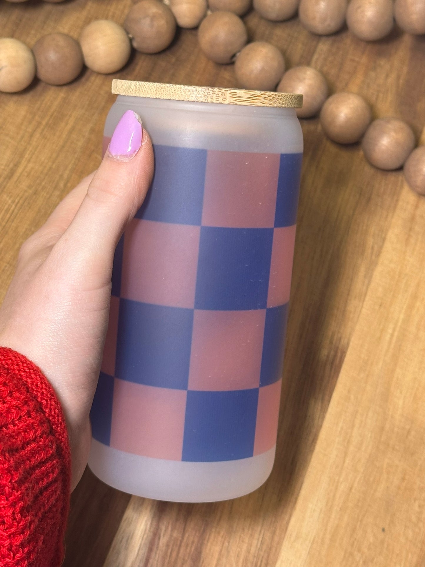 16oz Pink/Navy Checkered Frosted Glass Cup