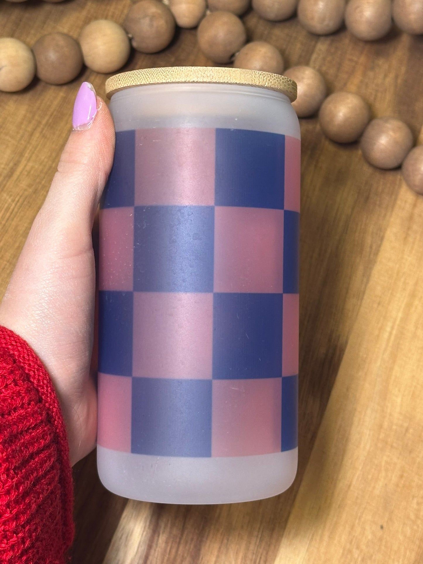 16oz Pink/Navy Checkered Frosted Glass Cup