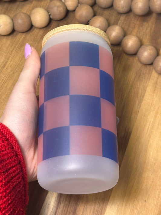 16oz Pink/Navy Checkered Frosted Glass Cup