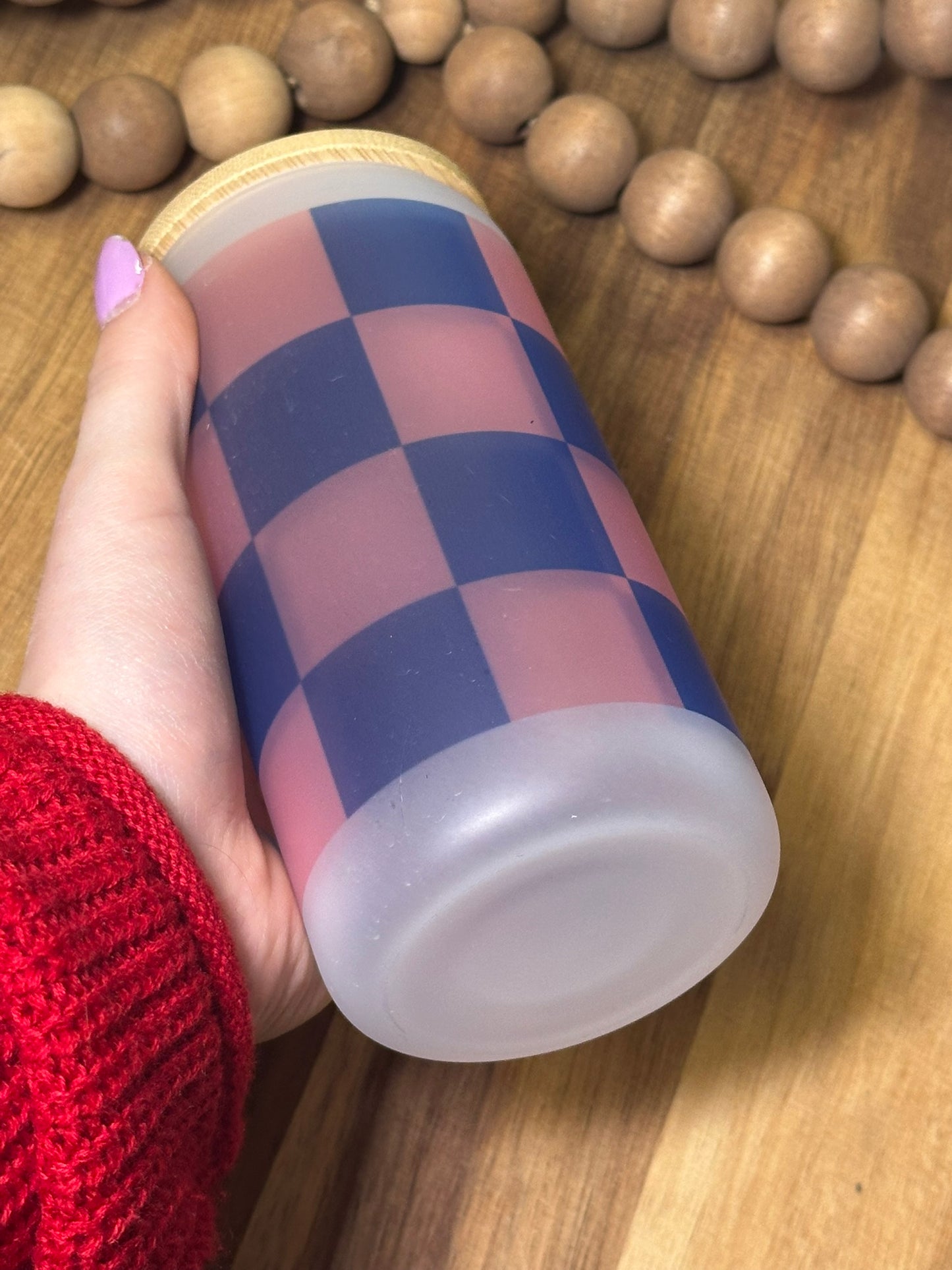 16oz Pink/Navy Checkered Frosted Glass Cup