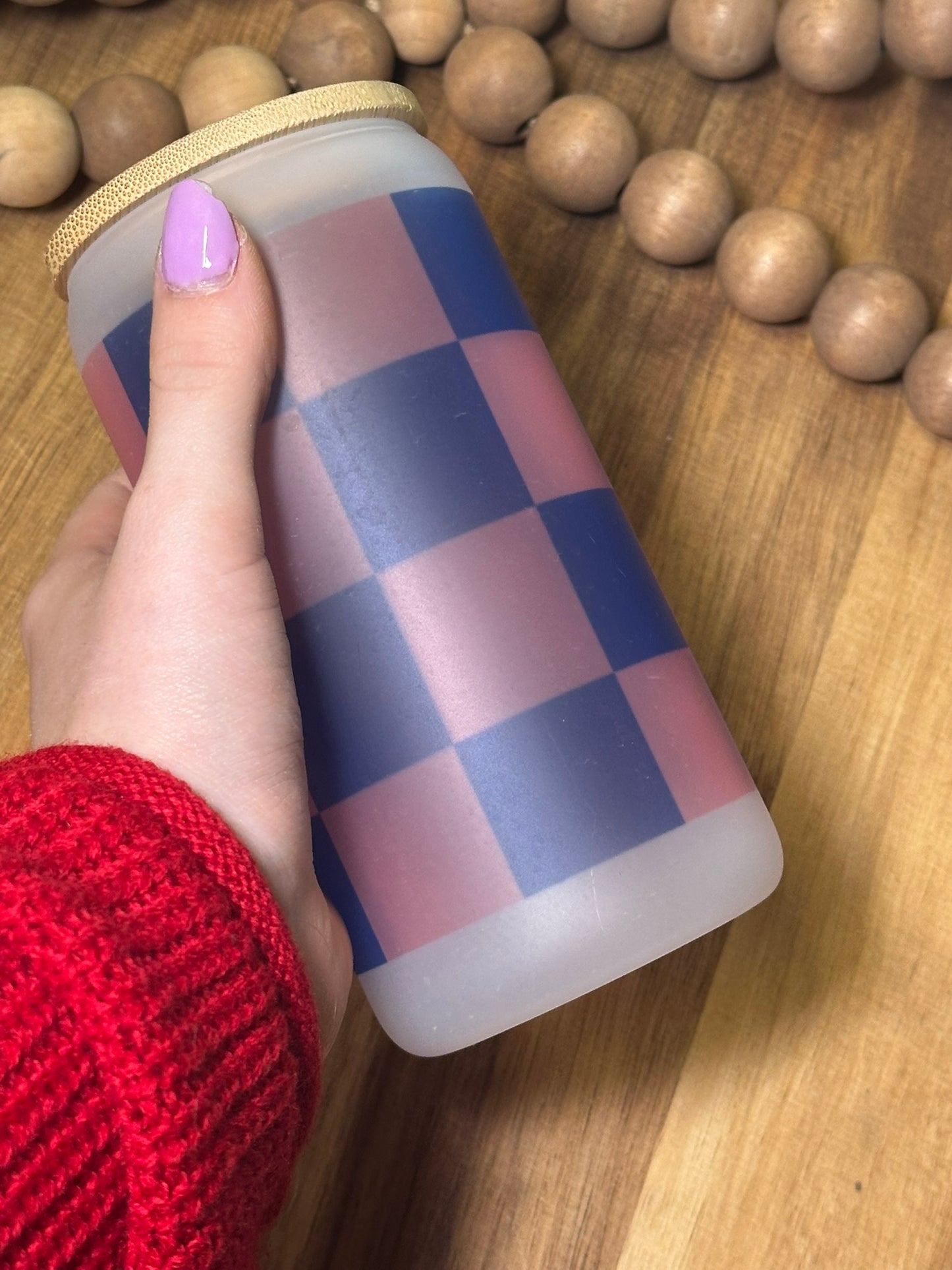 16oz Pink/Navy Checkered Frosted Glass Cup