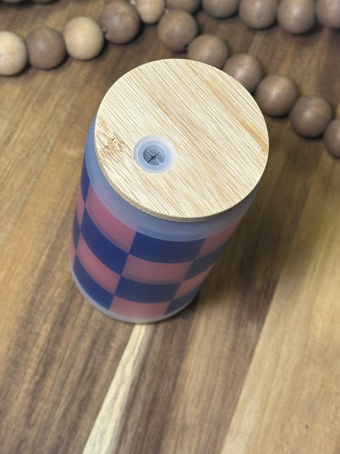 16oz Pink/Navy Checkered Frosted Glass Cup