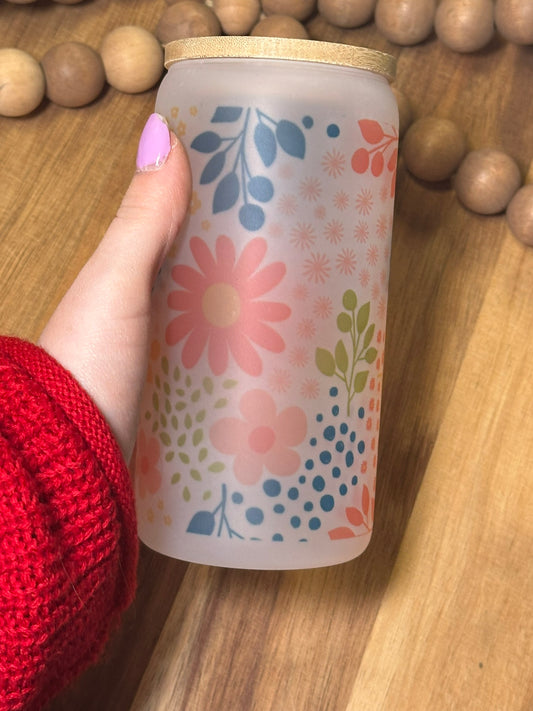 16oz bright floral frosted glass cup