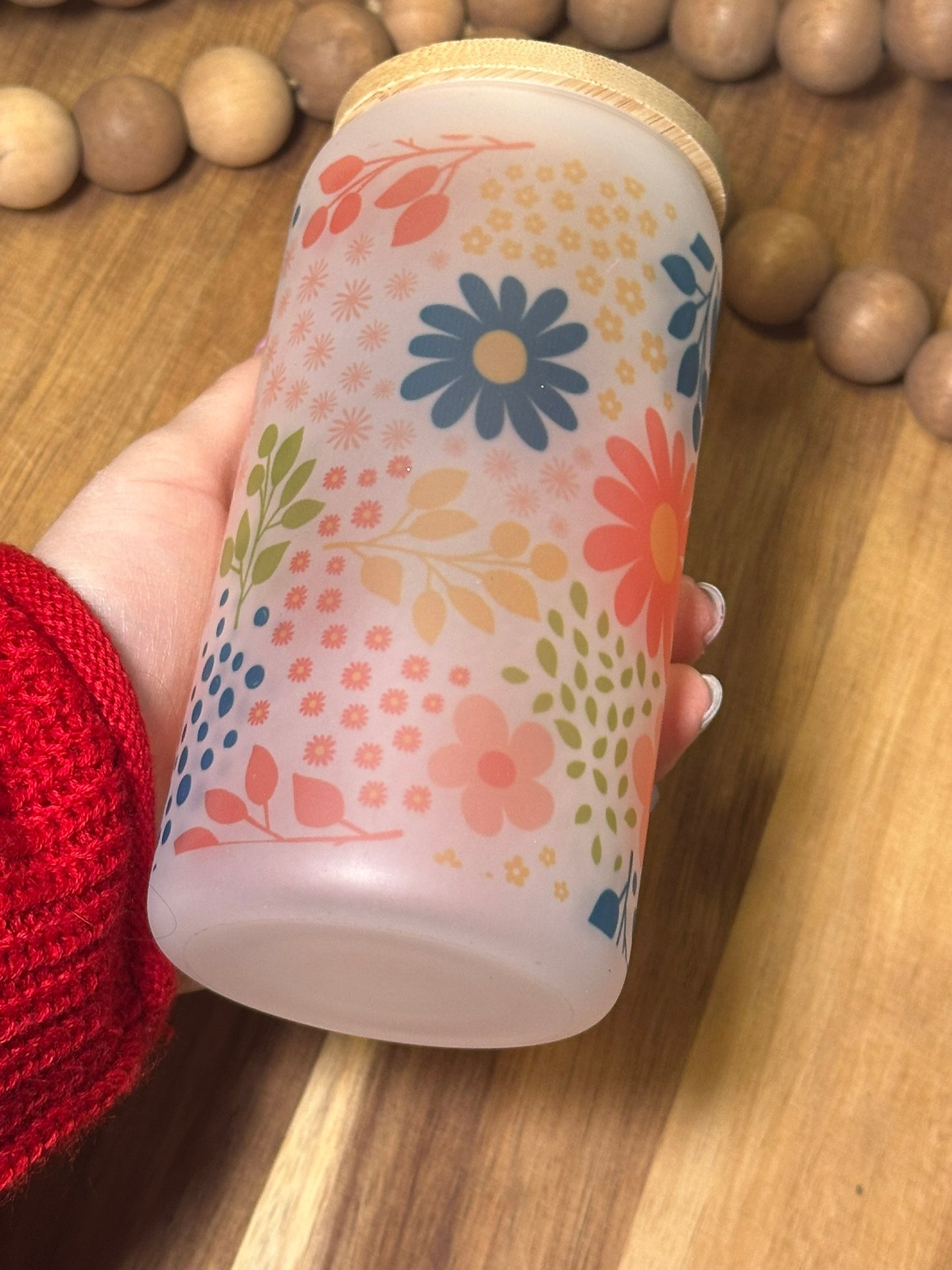 16oz bright floral frosted glass cup