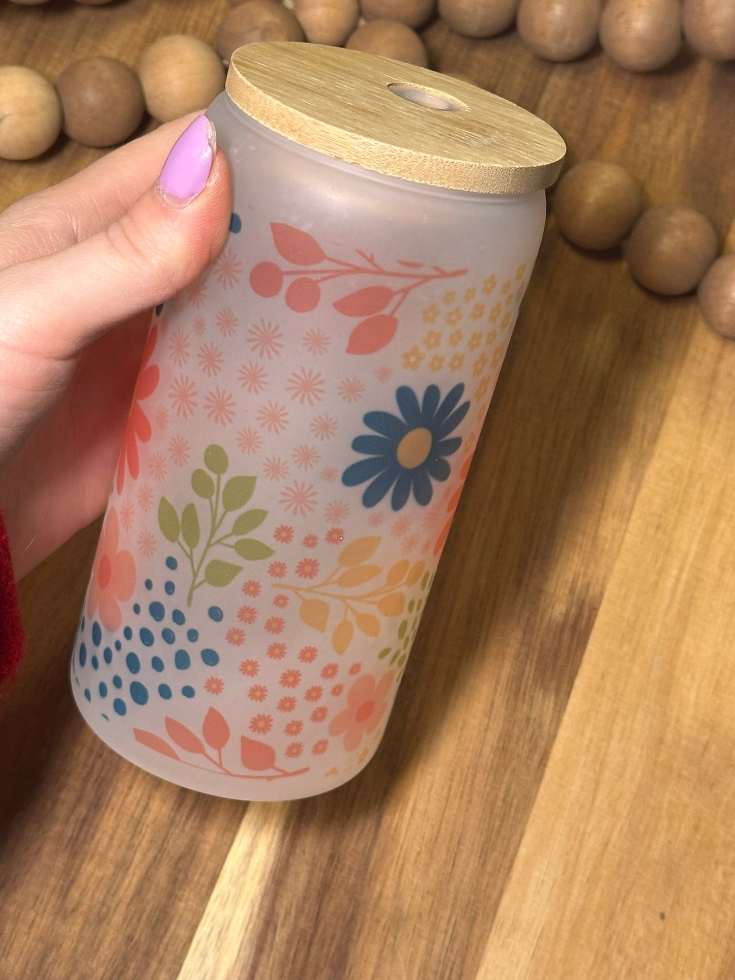 16oz bright floral frosted glass cup