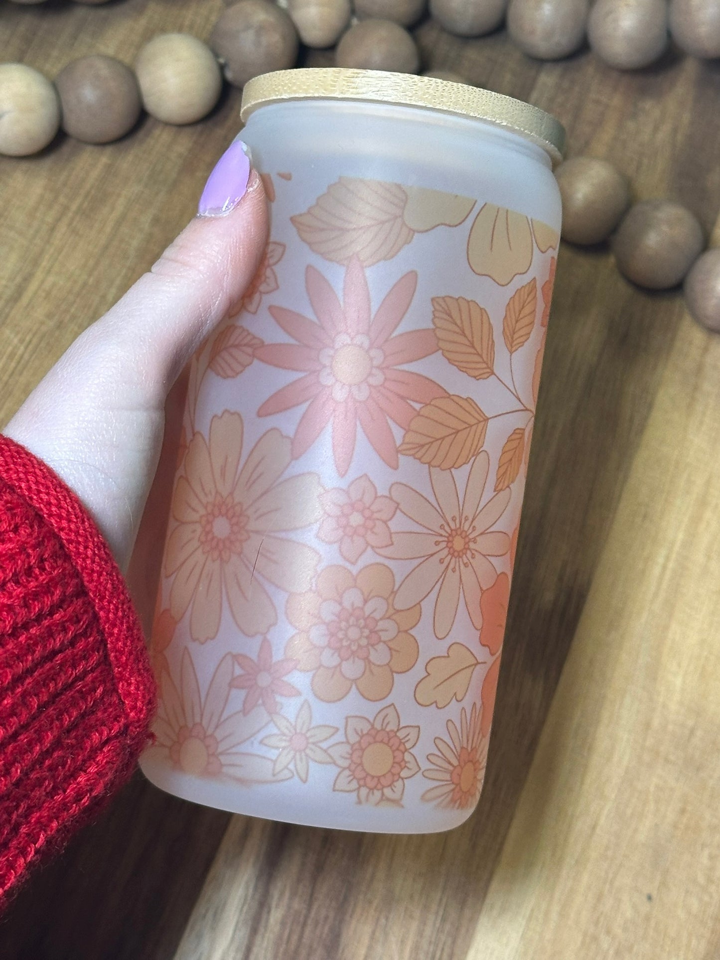 16oz Orange Floral Frosted Glass Cup