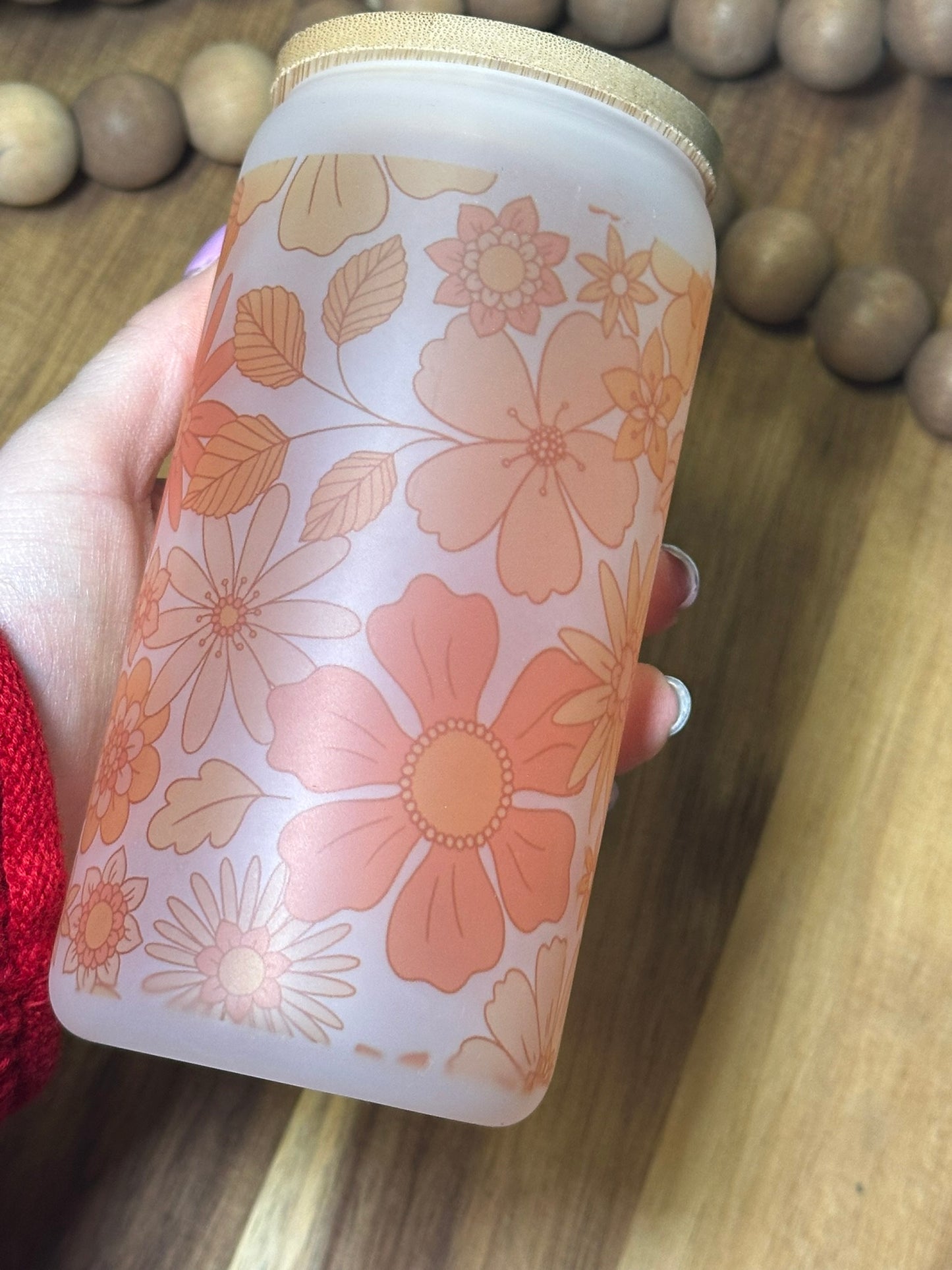 16oz Orange Floral Frosted Glass Cup