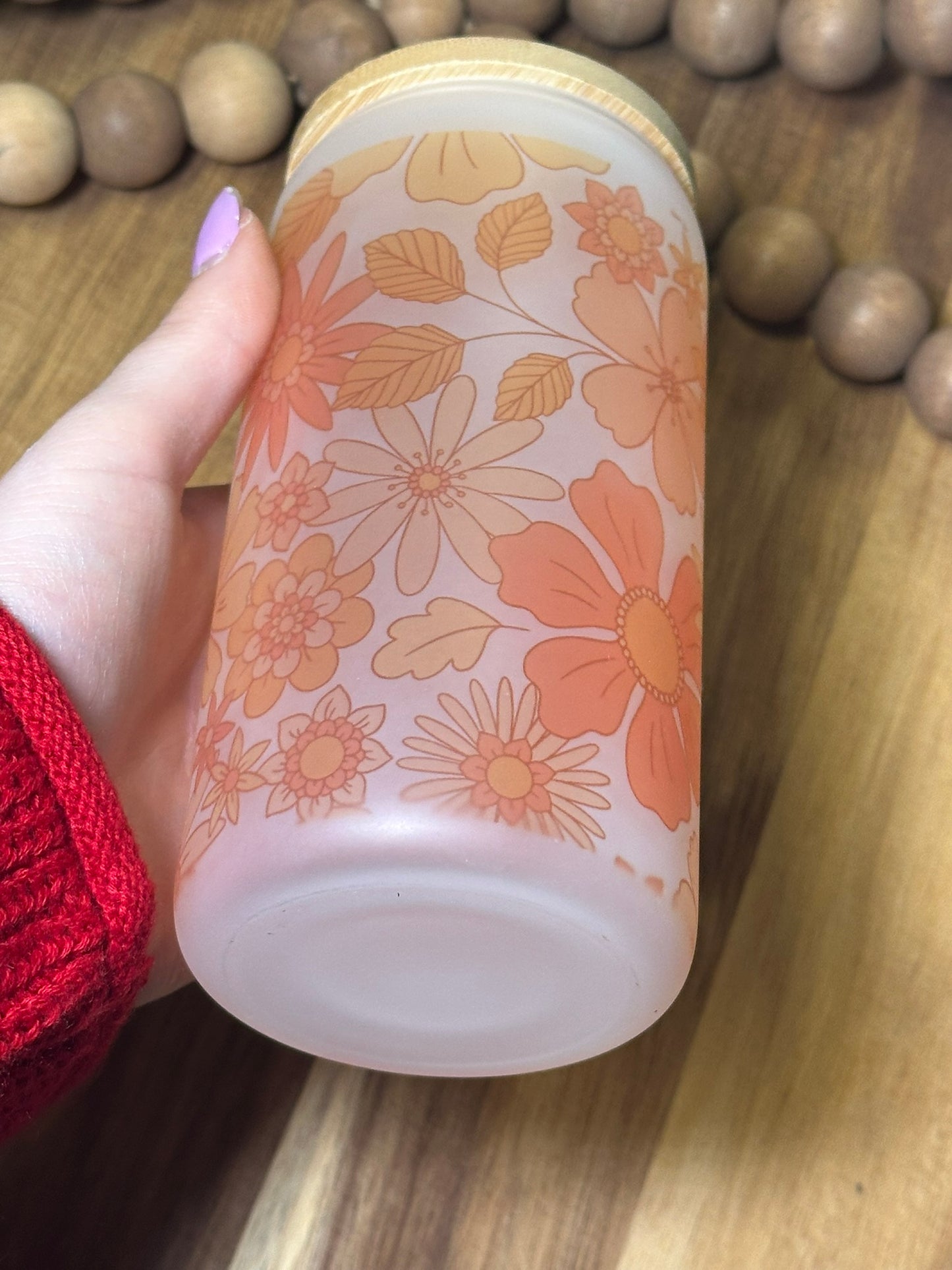 16oz Orange Floral Frosted Glass Cup