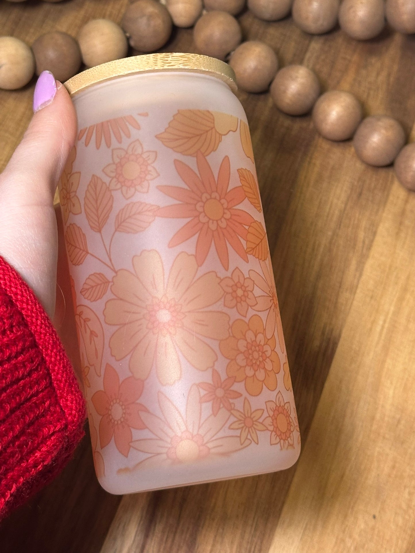 16oz Orange Floral Frosted Glass Cup