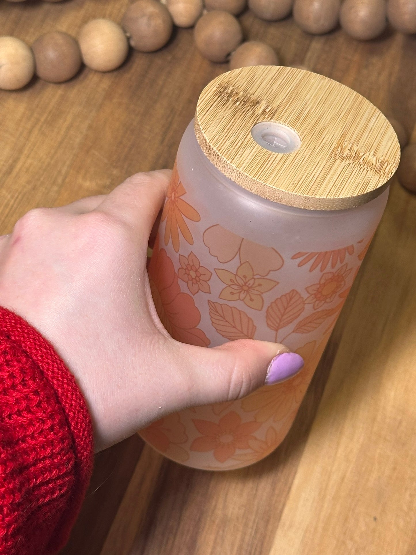 16oz Orange Floral Frosted Glass Cup