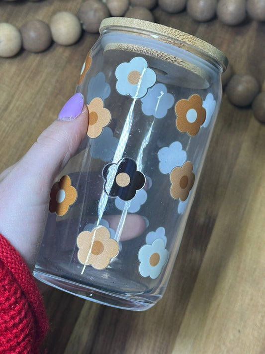 16oz Neutral browns floral glass cup