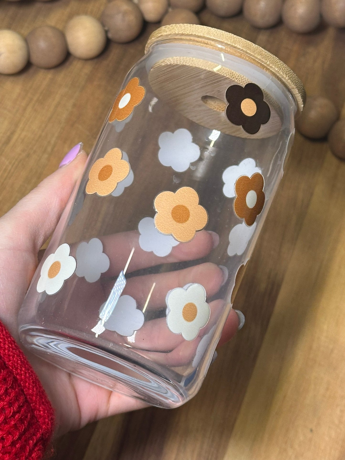 16oz Neutral browns floral glass cup