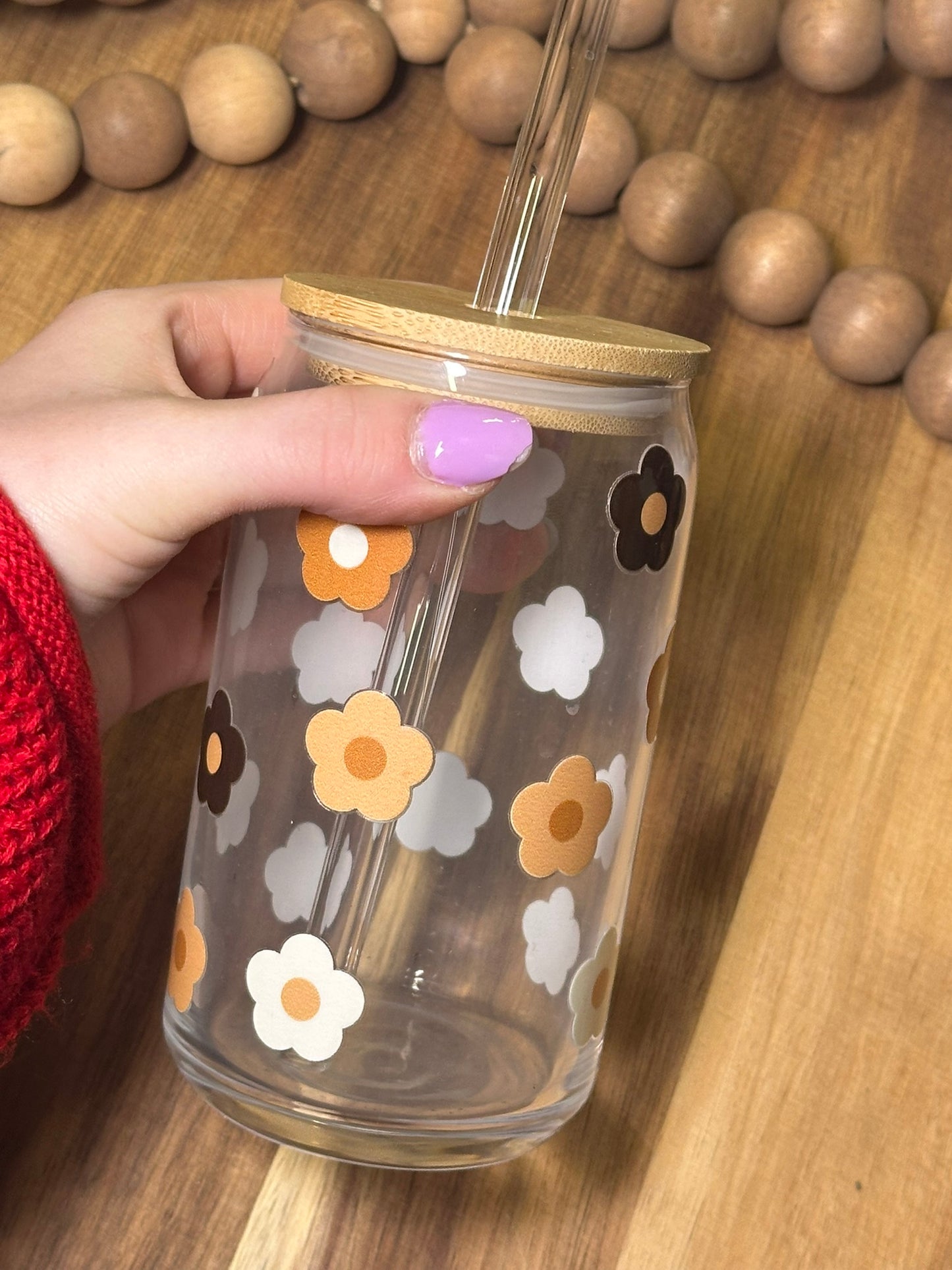 16oz Neutral browns floral glass cup