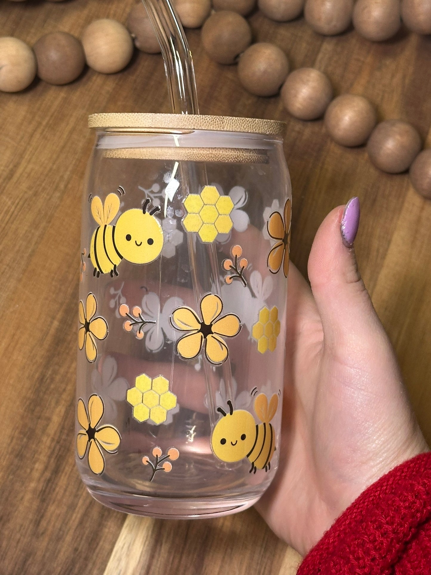 16oz Cutesy Yellow Bee / Hive Glass Cup