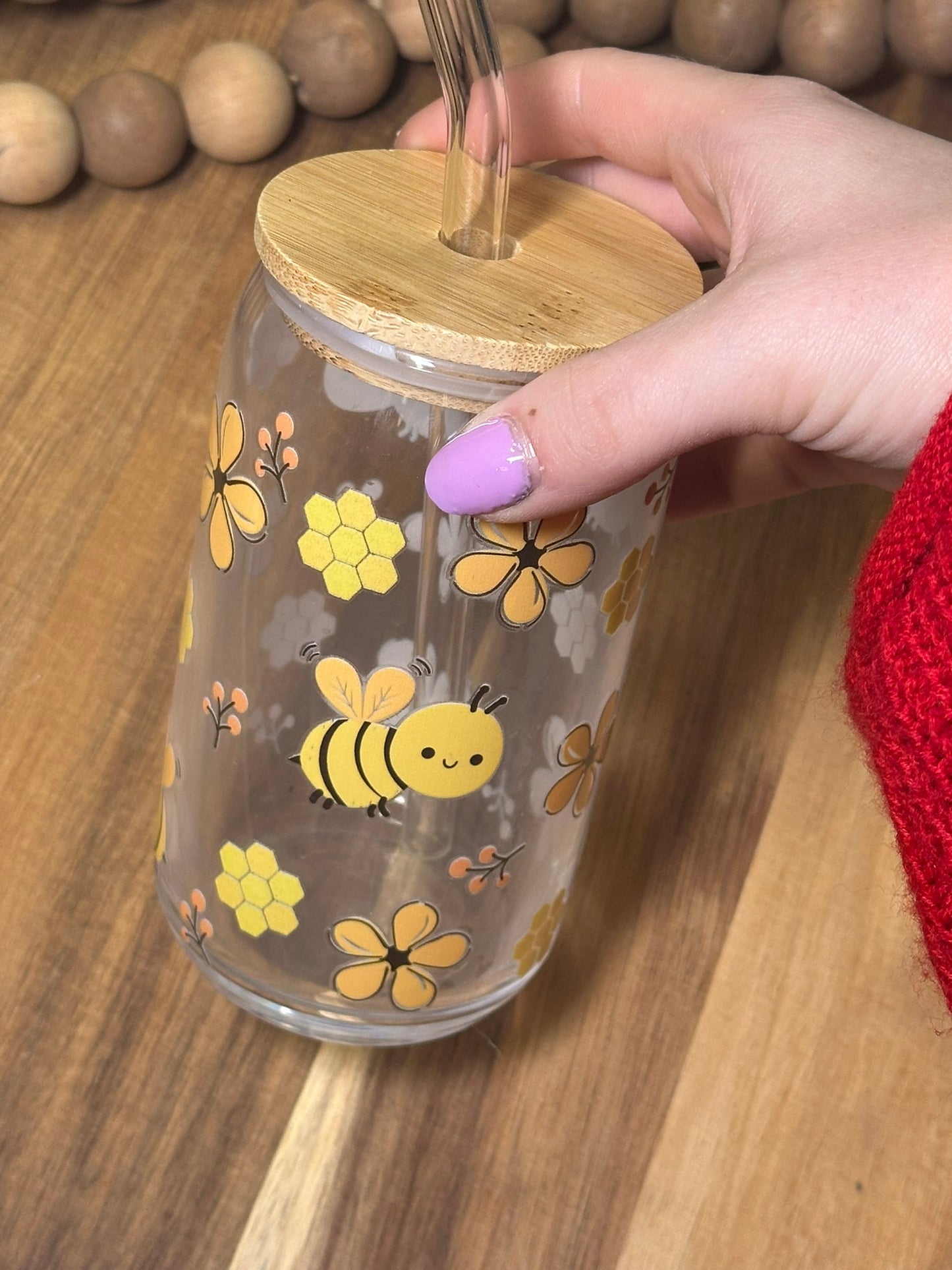 16oz Cutesy Yellow Bee / Hive Glass Cup