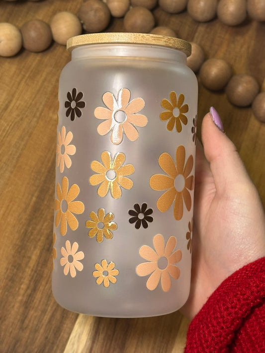 16oz Neutral Browns Floral Frosted Glass Cup