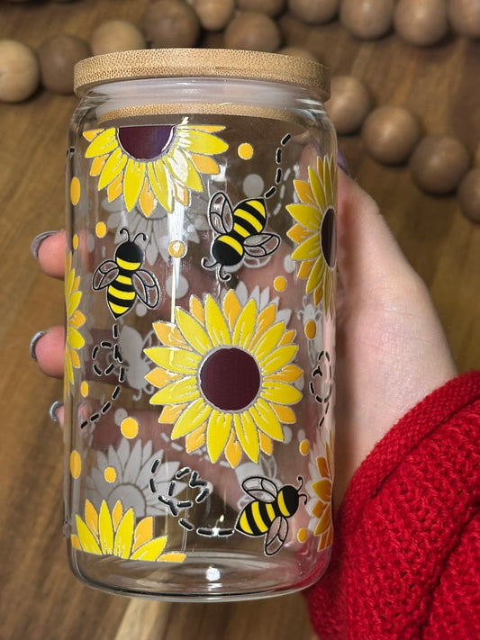 16oz Sunflower // Bee Glass Cup