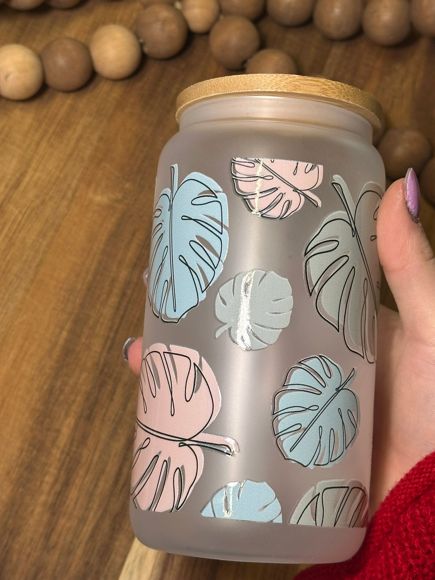 16oz Palm Leaf Pastel Glass Cup