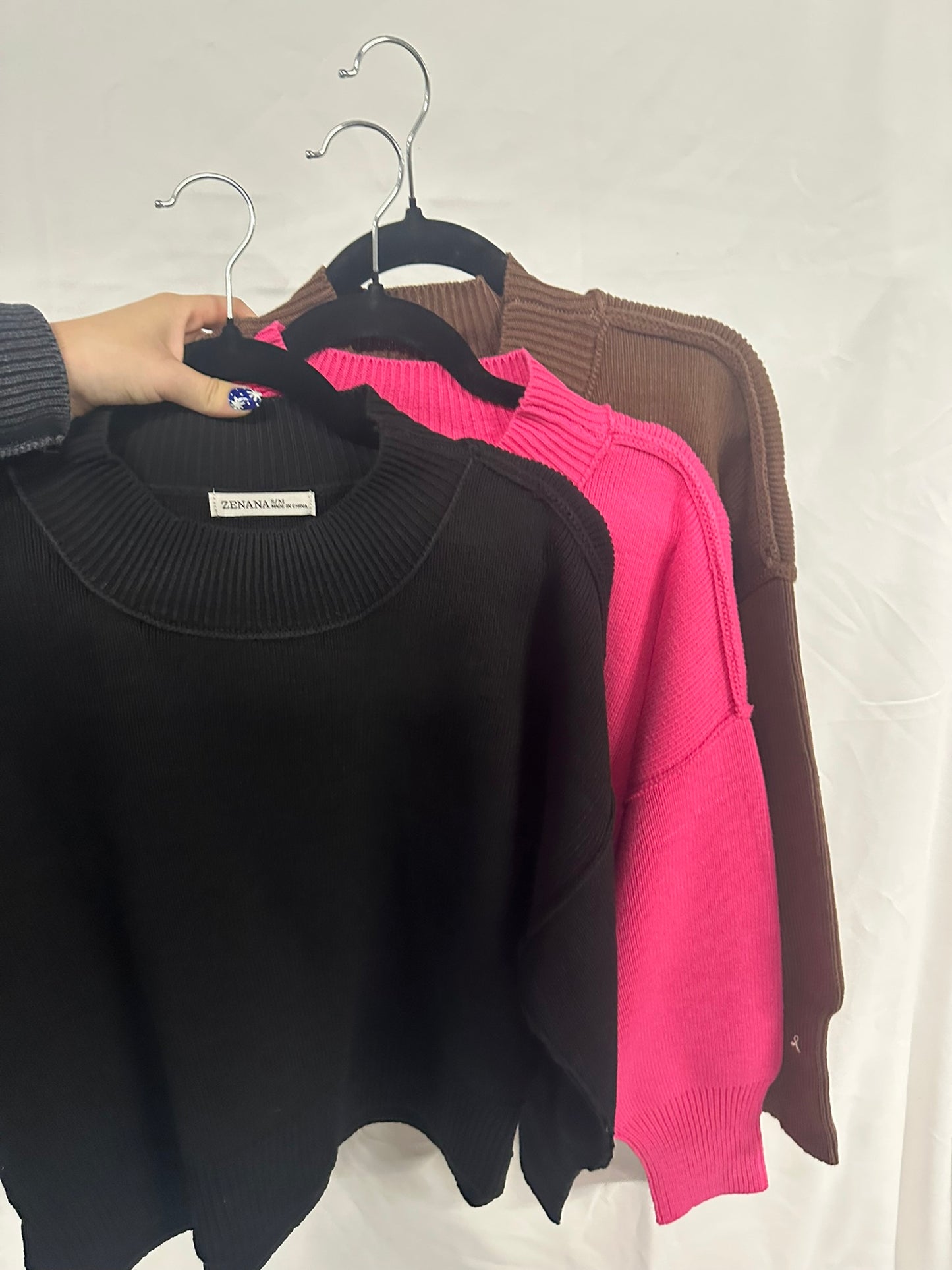 Wide neck band drop shoulder sweater