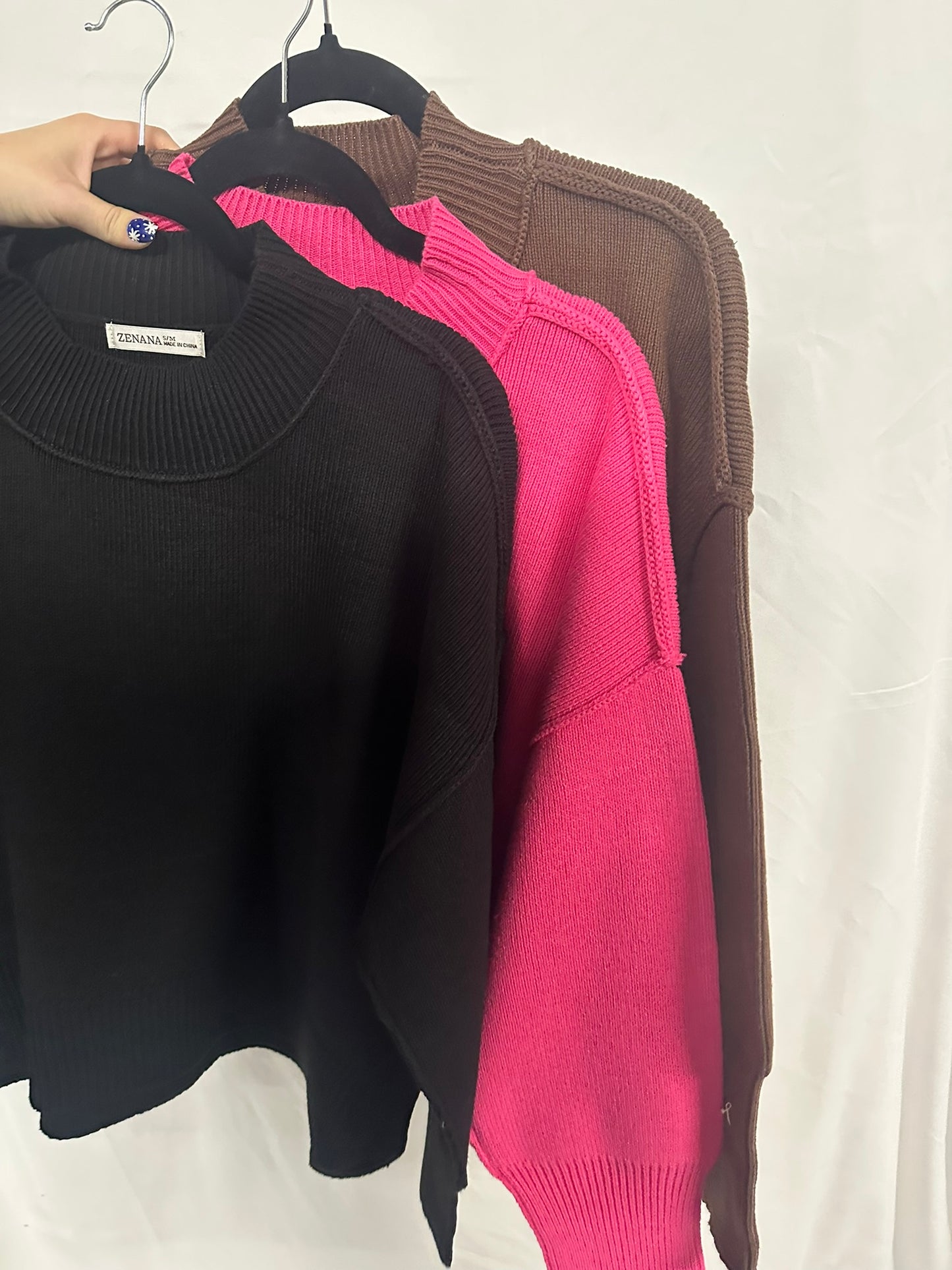 Wide neck band drop shoulder sweater