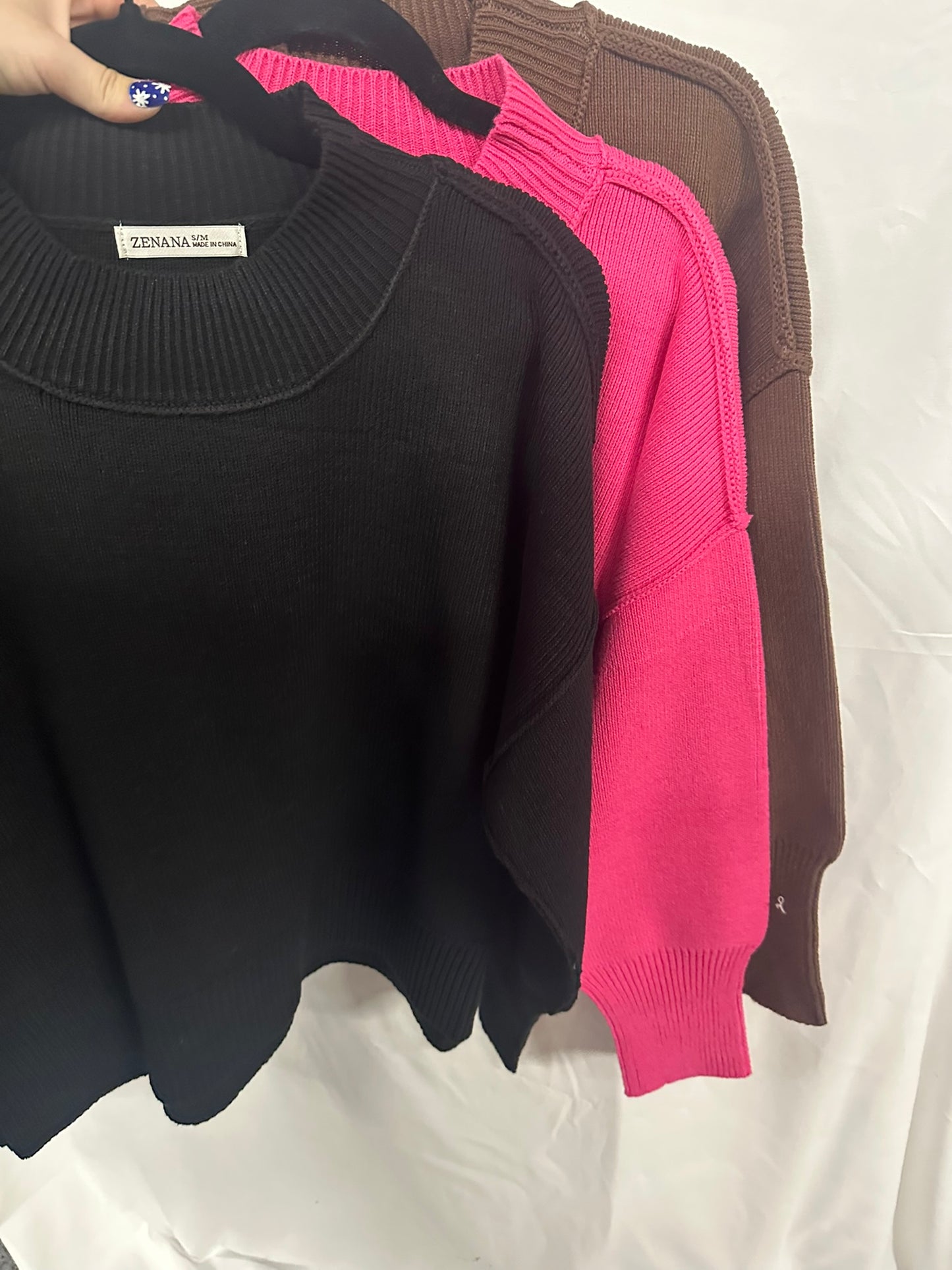 Wide neck band drop shoulder sweater