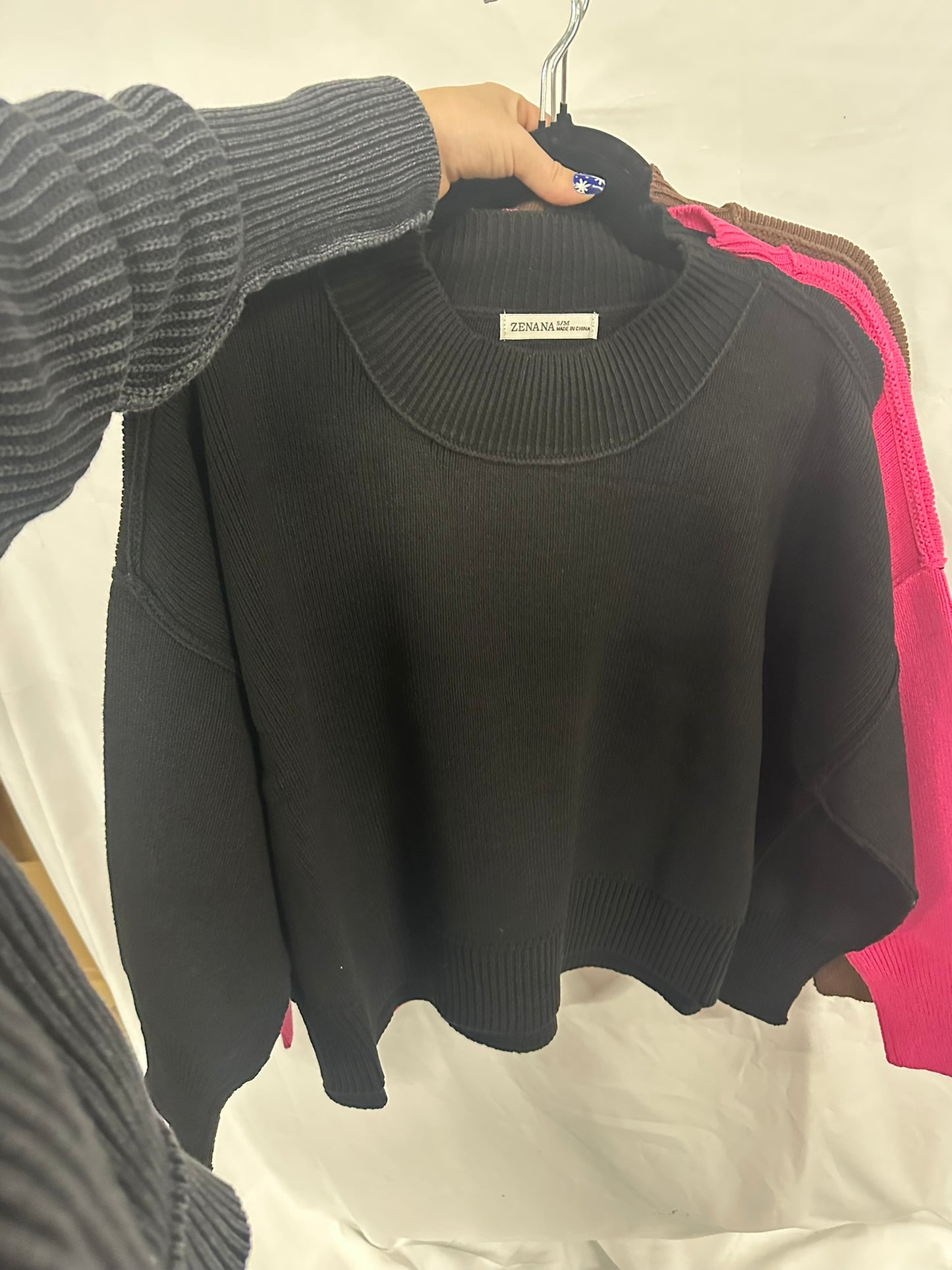 Wide neck band drop shoulder sweater