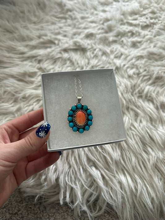 Spiny Oyster Turquoise Cluster Navajo Sterling Silver Flower Pendant 0334