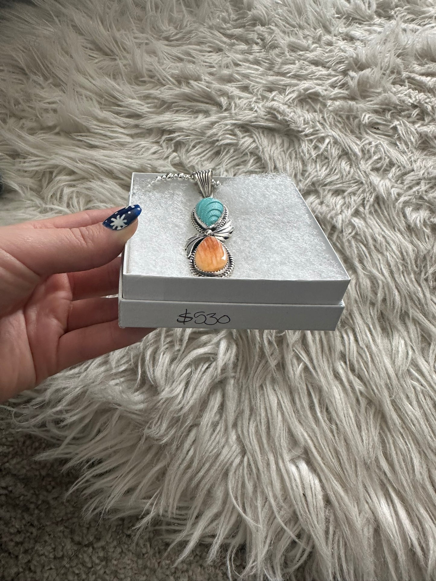 Sleeping Beauty Turquoise Spiny Oyster Sterling Pendant With Bead Necklace 0246