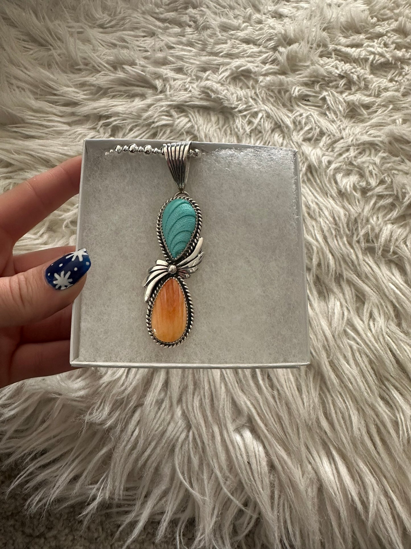 Sleeping Beauty Turquoise Spiny Oyster Sterling Pendant With Bead Necklace 0246