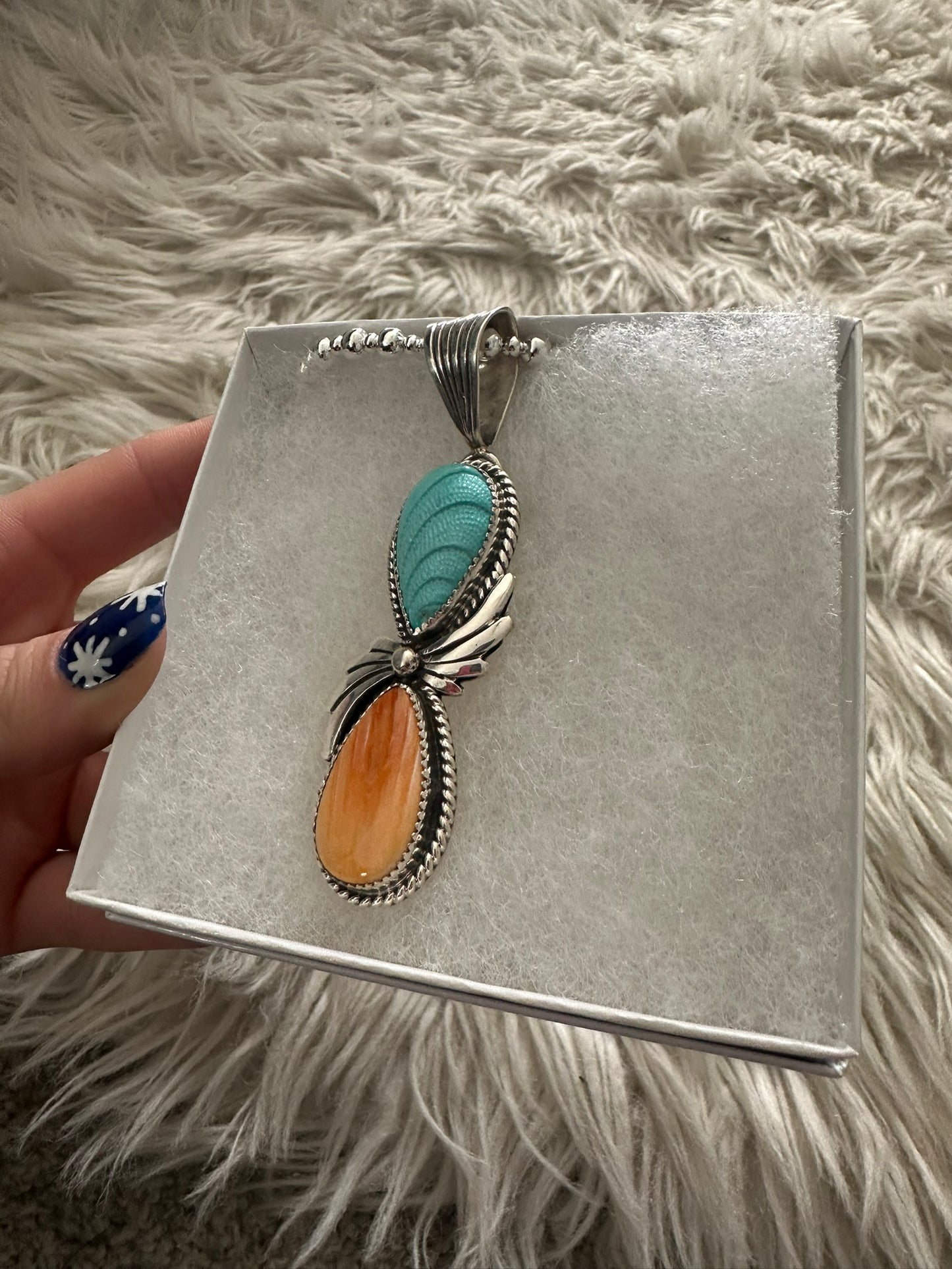 Sleeping Beauty Turquoise Spiny Oyster Sterling Pendant With Bead Necklace 0246