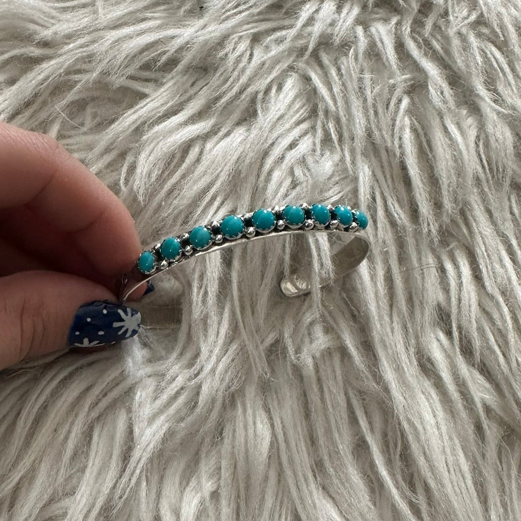 Navajo Turquoise Row Silver Bracelet Sterling Cuff 0453
