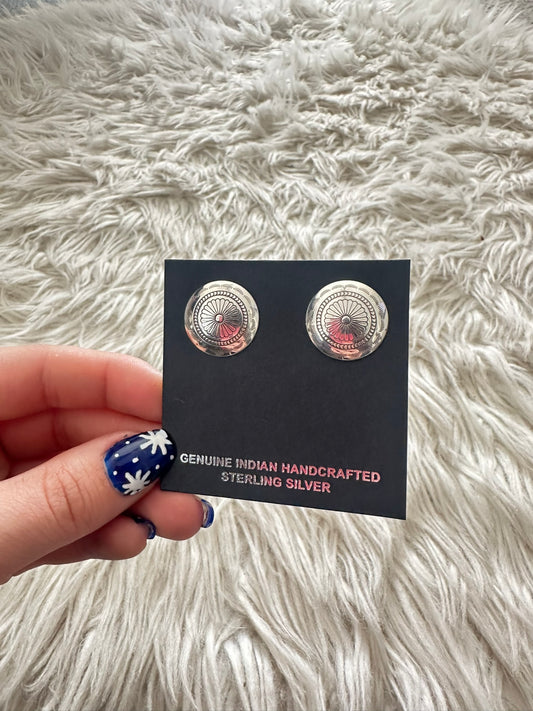 Sterling Silver Concho Post Earrings Repoussé and Stamped Navajo Designs 7332