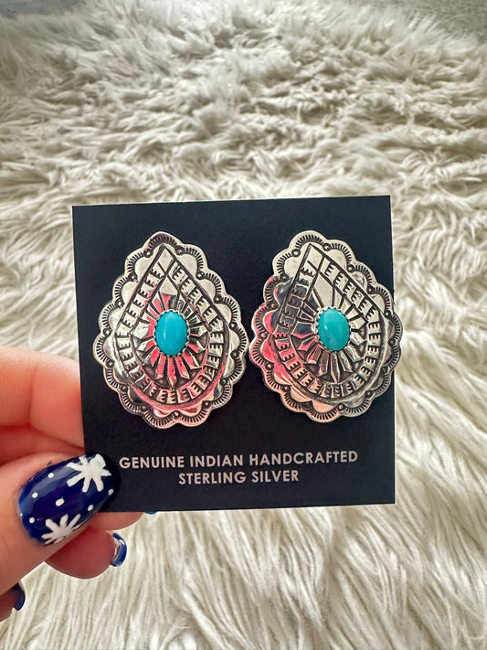 Silver Concho Navajo Southwest Natural Sleeping Beauty Turquoise Post Earrings 1273