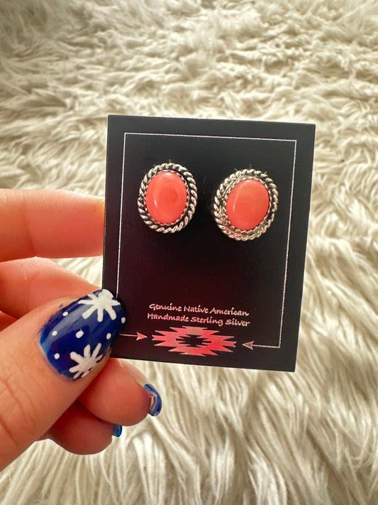Pink Coral Navajo Post Earrings Sterling Twist Wire Studs 0570