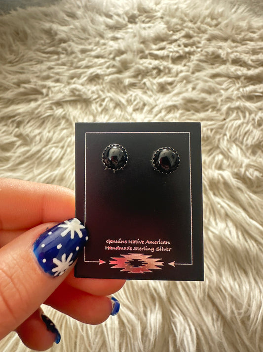 Genuine Black Onyx Silver Stud Earrings 8mm Wide Sterling 0210