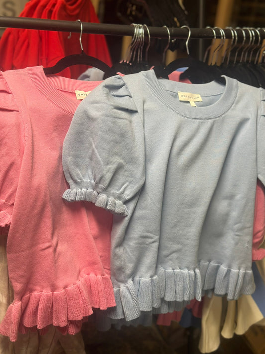 Solid short puff sleeve sweater knit top