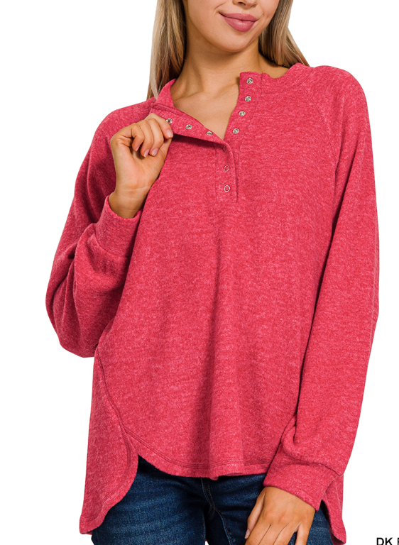 Brushed melange hacci oversized 7-button henley placket sweater