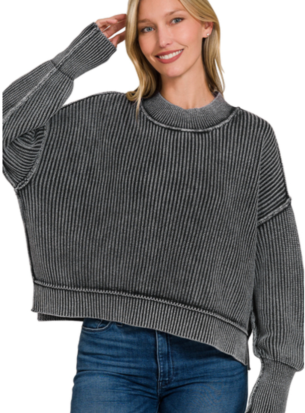 Washed side slit oversized cropped sweater
