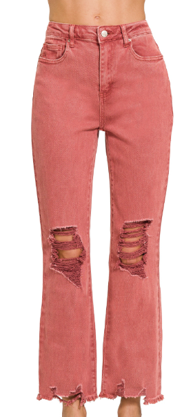 Acid washed high waist distressed straight pants