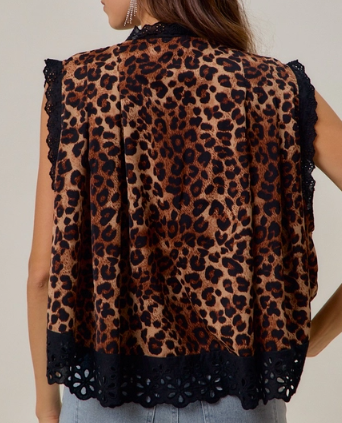 Leopard Button Up Pleated Sleeveless Blouse Top
