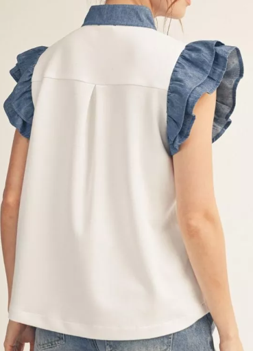 Layered ruffle sleeves solid top with denim contrast
