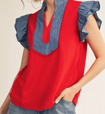 Layered ruffle sleeves solid top with denim contrast