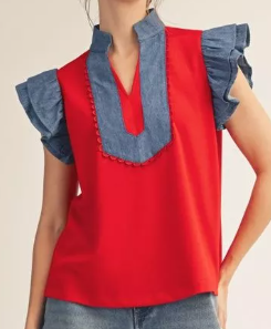 Layered ruffle sleeves solid top with denim contrast