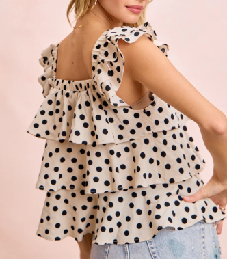 POLKA DOT PRINTED BOW TIED RUFFLED SQUARE NECK TOP