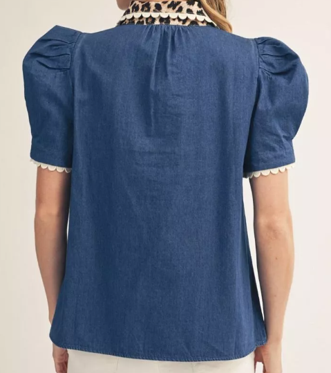 Short Sleeve puff denim top - leopard detail