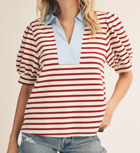 Short Sleeve Striped Top Collared Detail