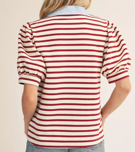 Short Sleeve Striped Top Collared Detail