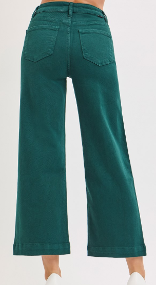TUMMY CONTROL HIGH RISE CROP WIDE PANTS - HUNTER GREEN